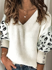 Colorblock Leopard Print Button Decor Lantern Sleeve V Neck Jumper