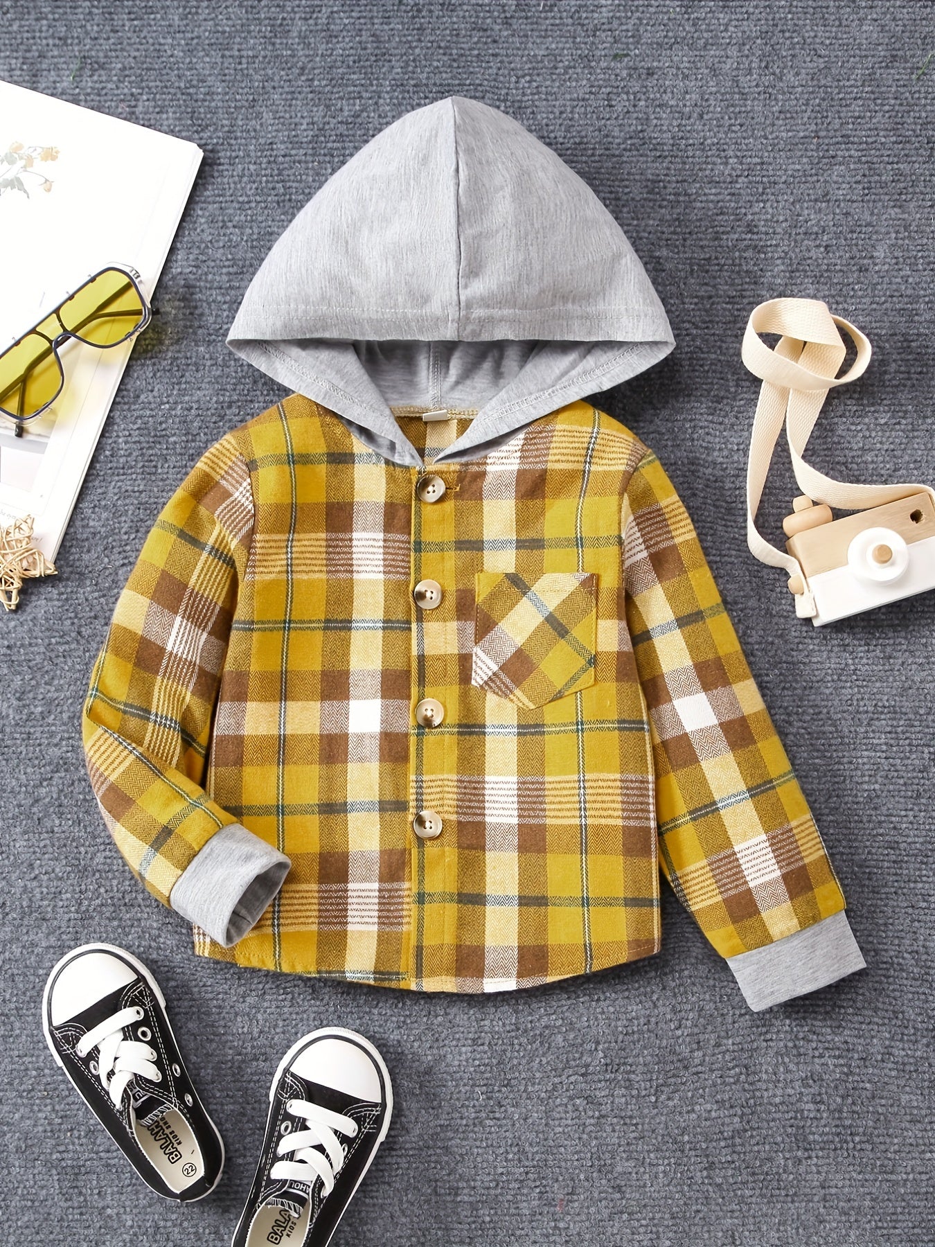 Girls Plaid Hooded Button Down Jacket Shirt Kids Autumn Outfit