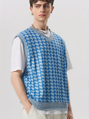 Houndstooth Pattern Vest Men's Casual Vintage Style V Neck Waistcoat