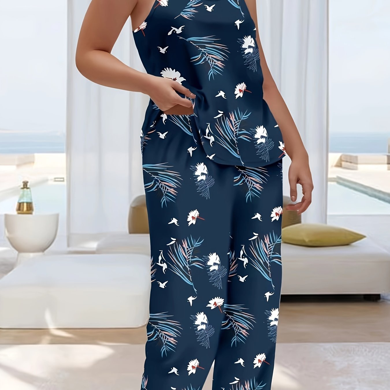 Tropical Print Pajamas Set Women's Round Neck Cami Top & Wide Leg Pant