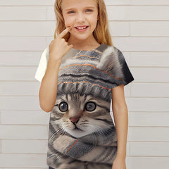 3D Cat Graphic Short Sleeve T shirt for Girls Summer Sports