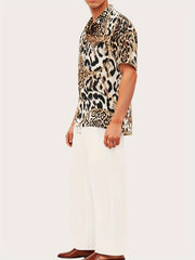 Men's Leopard Print Camp Collar Bowling Shirt Short Sleejsons Disco Closure