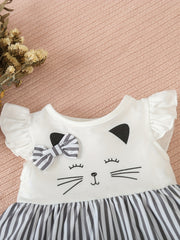 Baby Girl Cartoon Bow Striped Flutter Sleeve Dress