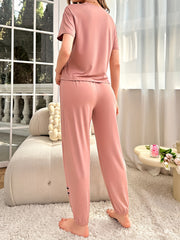 Letter Print Pajamas Set Short Sleeve Crew Neck Top & Pants