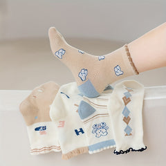 5 Pairs Girl's Knitted Crew Socks Cotton Blend Comfy Breathable Soft
