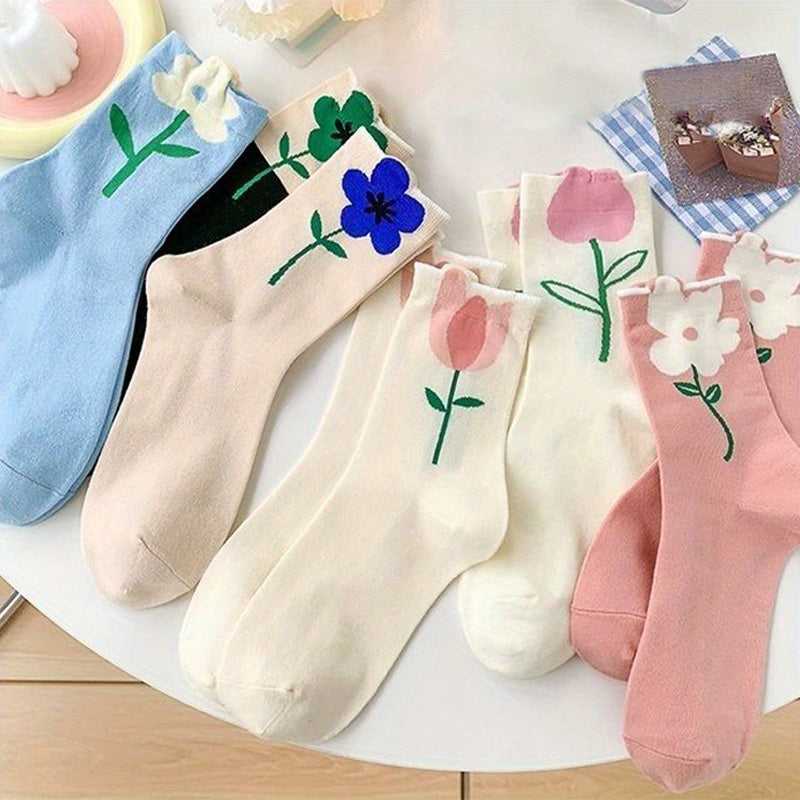 6 Pairs Floral Print Mid Tube Socks Women's Stockings