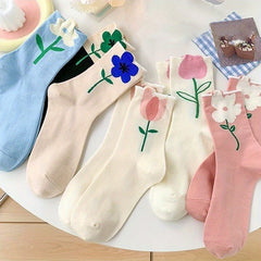 6 Pairs Floral Print Mid Tube Socks Women's Stockings