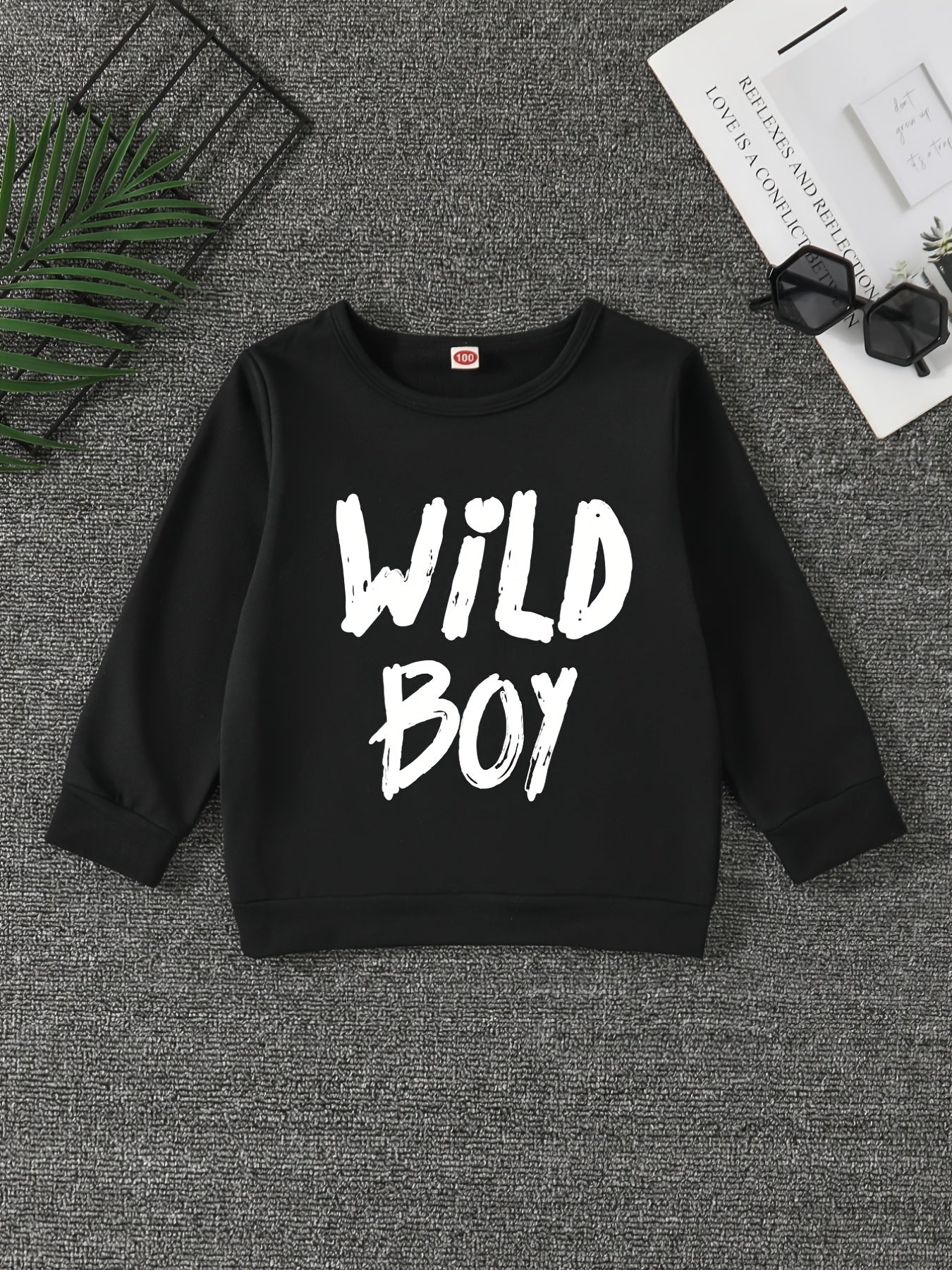 WILD BOY Letter Print Boys Casual Pullover Sweatshirt Long Sleeve Tops
