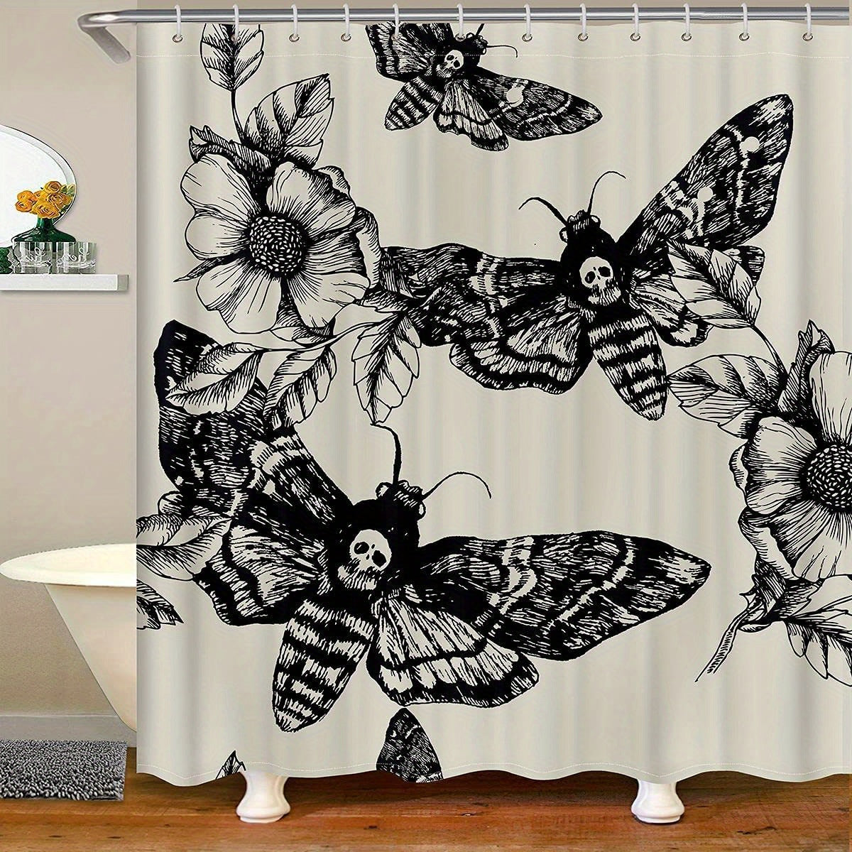 Skull Shower Curtain Moth Flowers Bath Stalls Decor