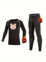 2pcs Kids Compression Fleece Sets Rabbit Pattern Crew Neck Pullover & Pants