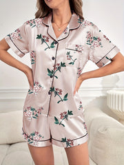 Floral Print Pajamas Set Short Sleeve & Elastic Waist Shorts