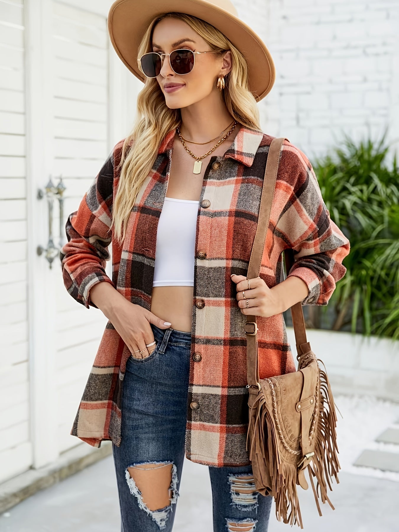 Plaid Print Long Sleeve Button Up Shacket