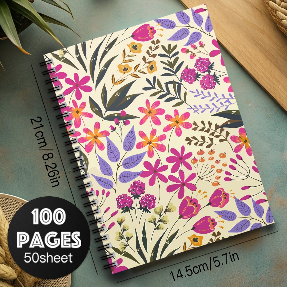 Floral Spiral Notebook Journal Pink & Purple Flower on Beige Background