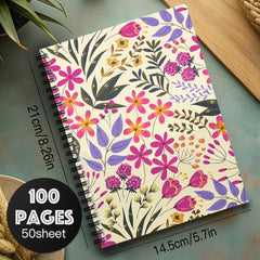 Floral Spiral Notebook Journal Pink & Purple Flower on Beige Background