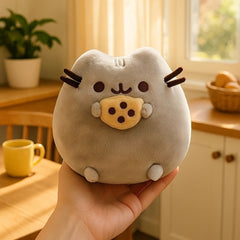 Cookie Cat Plush Toy Soft Stuffed Animal with Cookie 10in High Gray Home Decor