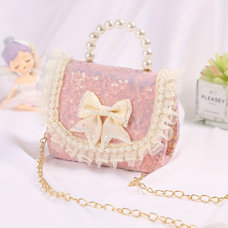 Sweet Bow Girls Crossbody Bag with Sequins & Pearl Handle