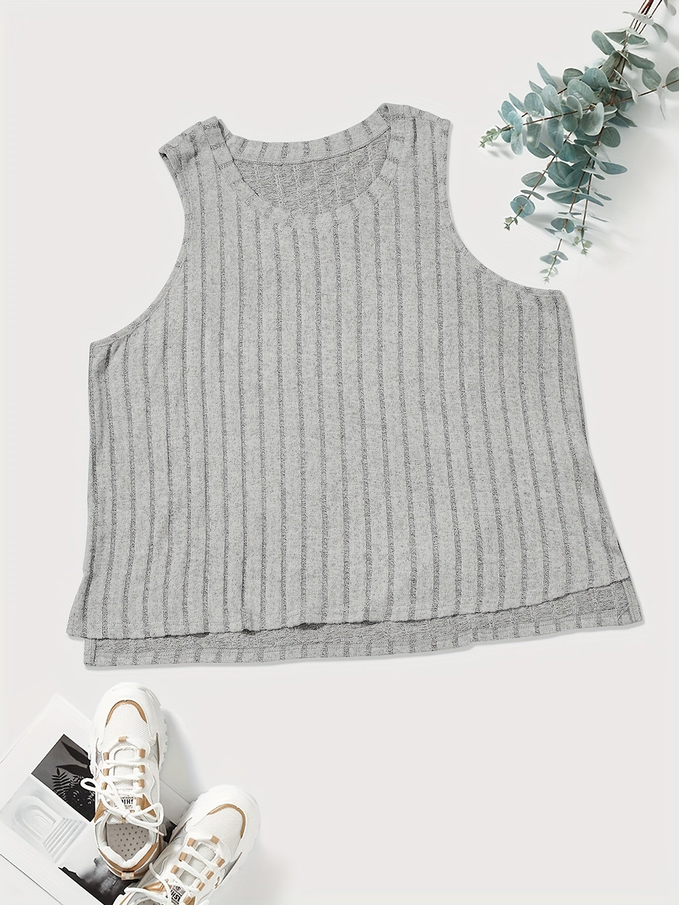 Ribbed Tank Top Solid Color Round Neck Summer Sleeveless Tee