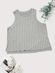 Ribbed Tank Top Solid Color Round Neck Summer Sleeveless Tee