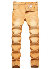 Solid Washed Denim Pants Mens Straight Leg Slim Fit Jeans