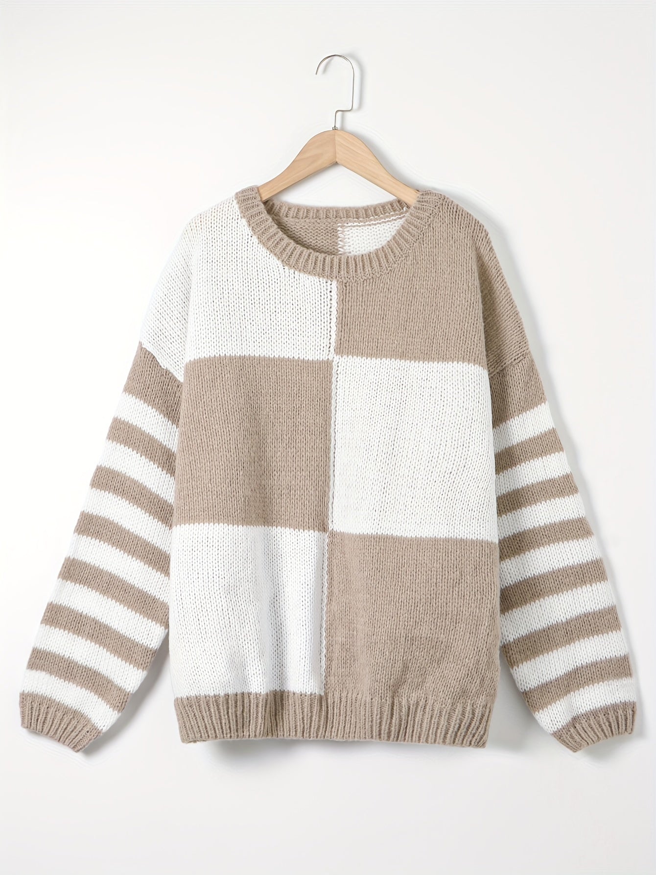 Checkerboard & Stripe Print Drop Shoulder Sweater