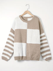 Checkerboard & Stripe Print Drop Shoulder Sweater