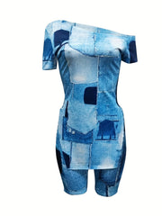 Denim Print Two piece Set Top & Shorts Outfit Women's Clothing