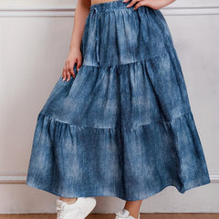 Ombre Denim Print Elastic High Rise Maxi Skirt