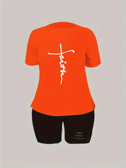Cross Print Short Sleeve Top & Cut Out Shorts Set