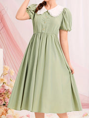 Girls Lace Collar Bead Button Short Sleeve Dress for Party Vacation