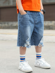 Boys' Ripped Denim Shorts Elastic Waist Cotton Shorts