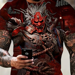 Japanese Warrior Print Tee Active Comfy Crew Neck 3D Print Men's T-shirt
