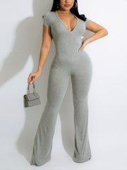 Solid V Neck Short Sleeve Bodycon Jumpsuit