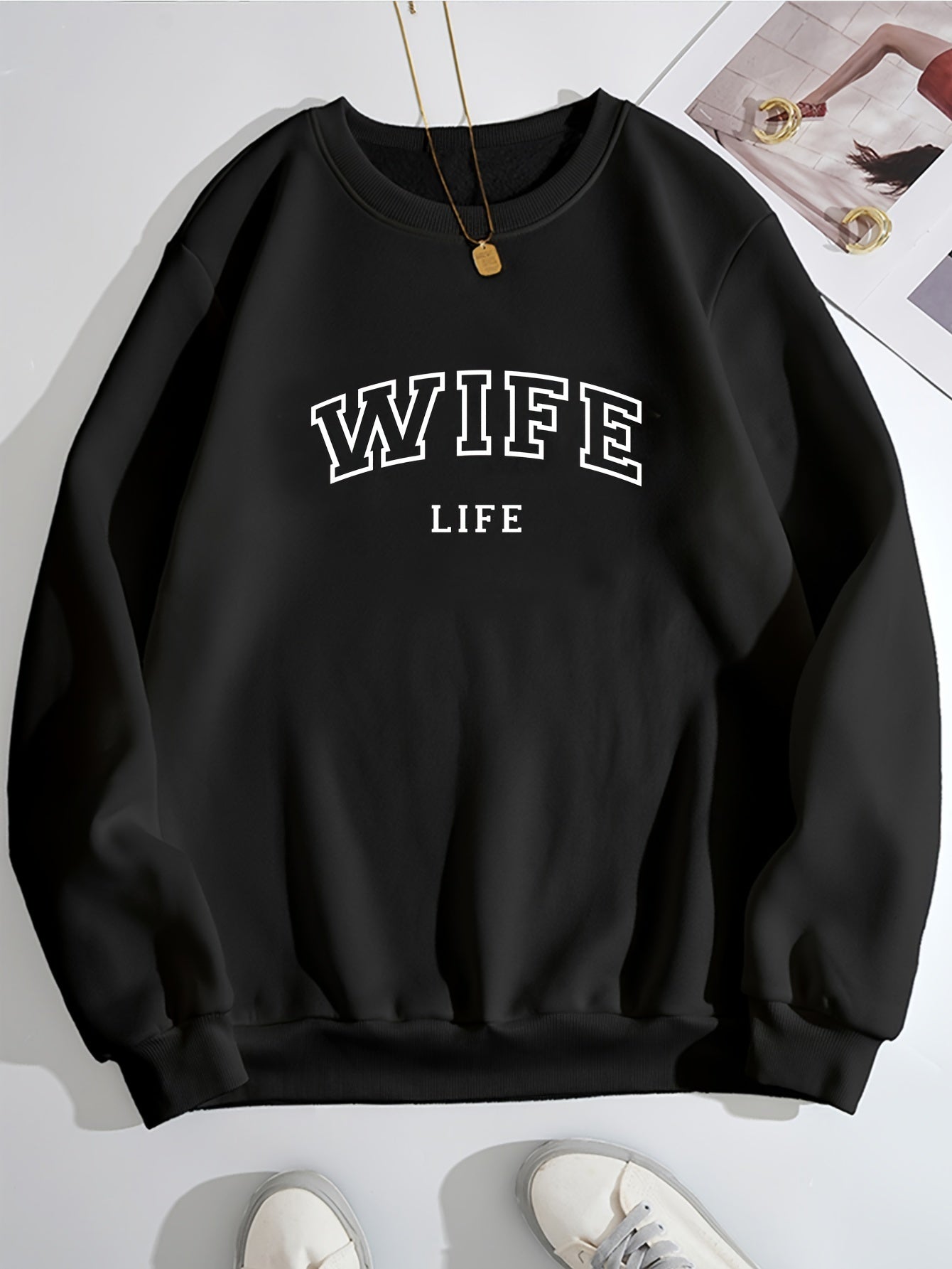 Wife Life Print Crew Neck Sweatshirt Casual Autumn Pullover