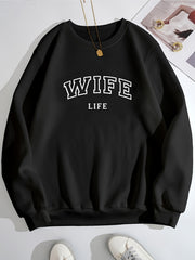 Wife Life Print Crew Neck Sweatshirt Casual Autumn Pullover