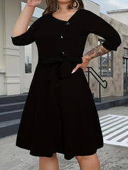 Solid Button Decor Half Sleeve Dress