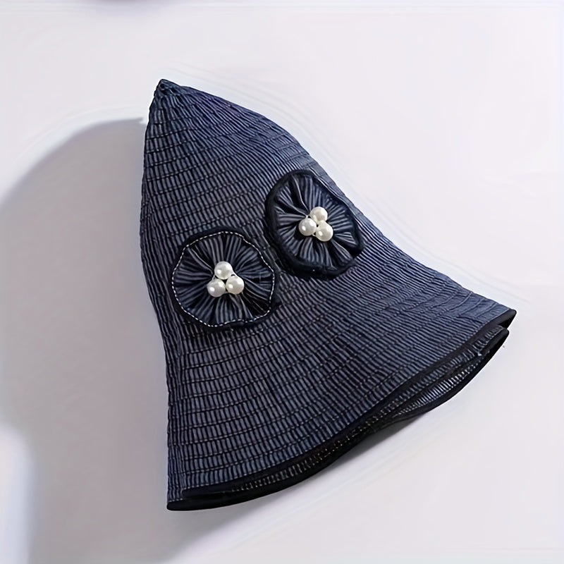Striped Sun Hat Faux Pearl Wide Brim UV Protection Bucket Hat