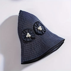 Striped Sun Hat Faux Pearl Wide Brim UV Protection Bucket Hat