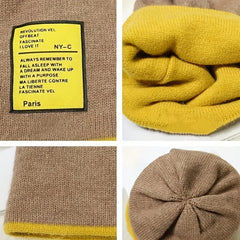 Stylish Label Patch Beanie Warm Skull Cap Elastic Block Knit Hat Soft