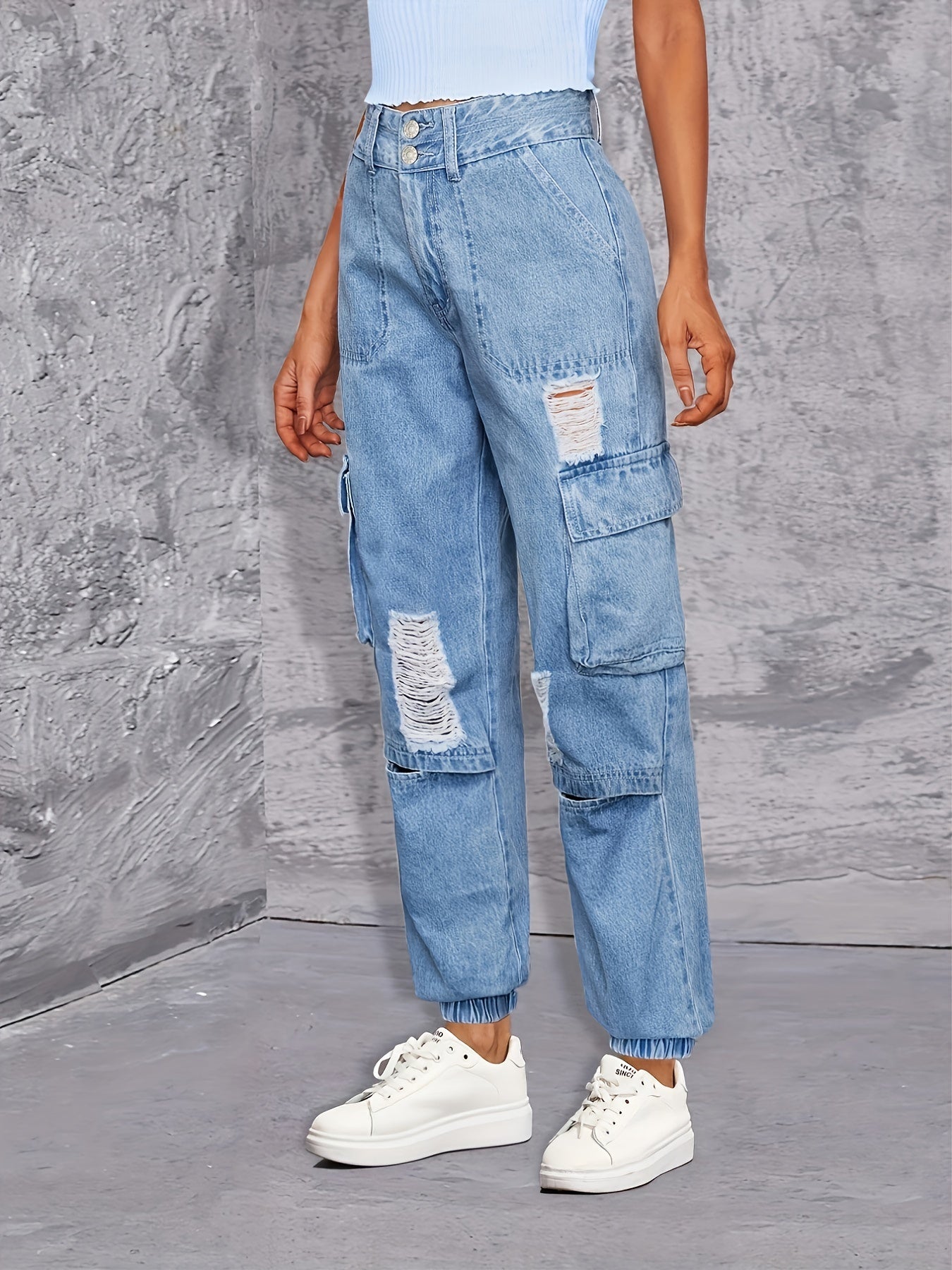 Cargo Pockets Ripped Denim Pants, Y2K & Kpop Style