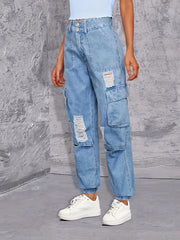 Cargo Pockets Ripped Denim Pants, Y2K & Kpop Style