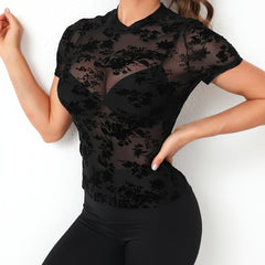 Flower Mesh Round Neck Sports T shirt Breathable Bodycon Short Sleeve Top