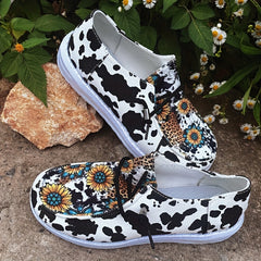 Floral & Cow Pattern Loafers Lace up Round Toe Low Top Shoes