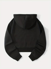Letter Graphic Drawstring Crop Hoodie Long Sleeve Sweatshirt