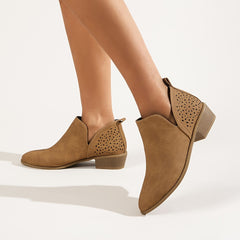 Women's Hollow Out Block Heel Ankle Boots Pointed Toe Slip On V cut Stacked Heel