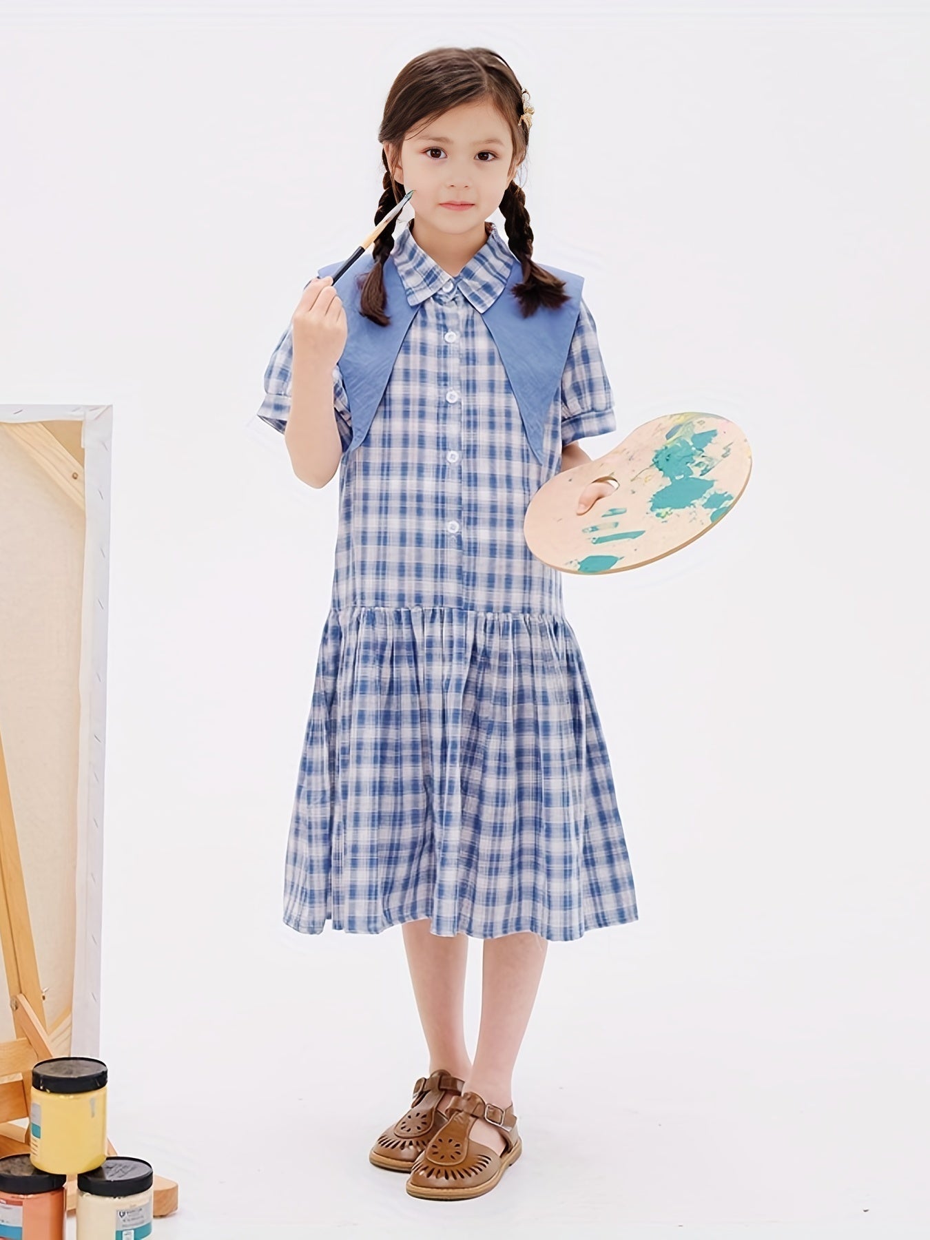 Girl's Cotton Plaid One piece Dress Casual Puff Sleeve Lapel Princess Dress