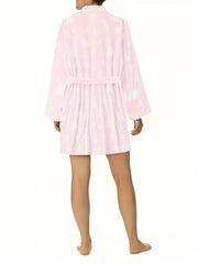 Heart Pattern Flannel Bathrobe Women's Long Sleeve Belted Nightgown