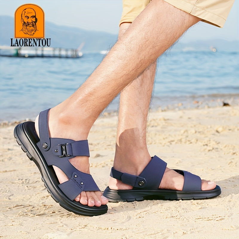 LAORENTOU Men's Leather Non slip Sandals Lightweight Quick Dry Comfy Beach Shoes
