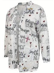 Casual Cardigan Letter & Cross Print Long Sleeve Open Front
