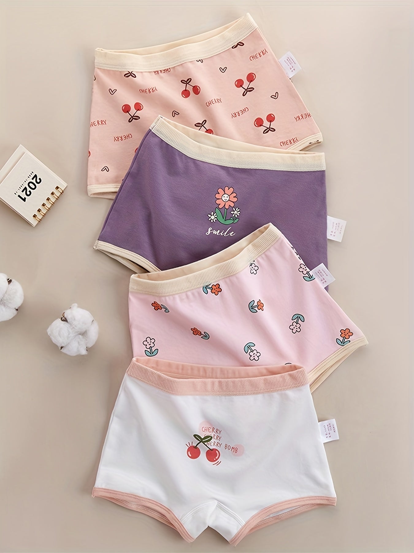4pcs Girls Boxer Briefs Astronaut Floral Cherry Print Underwear Kids Clothes