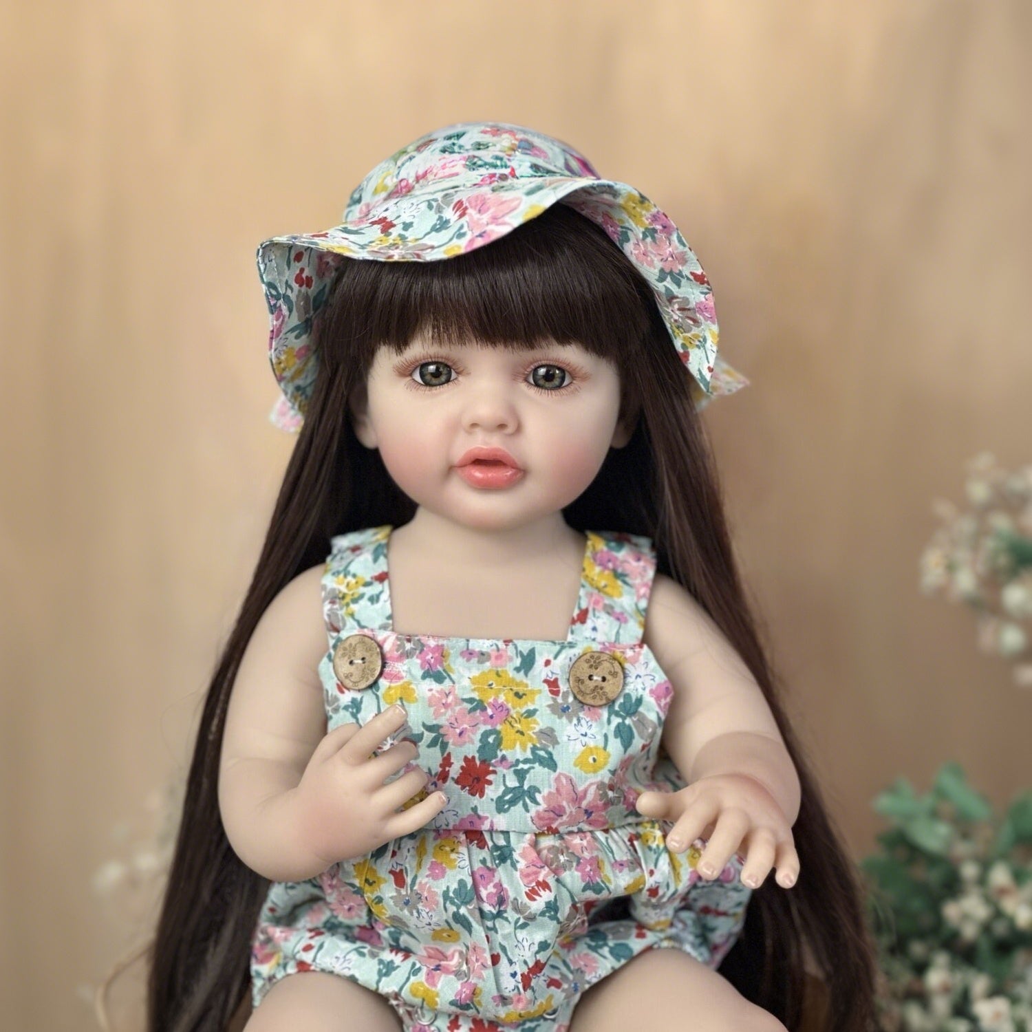Realistic Reborn Baby Girl Doll Long Hair Floral Dress & Hat